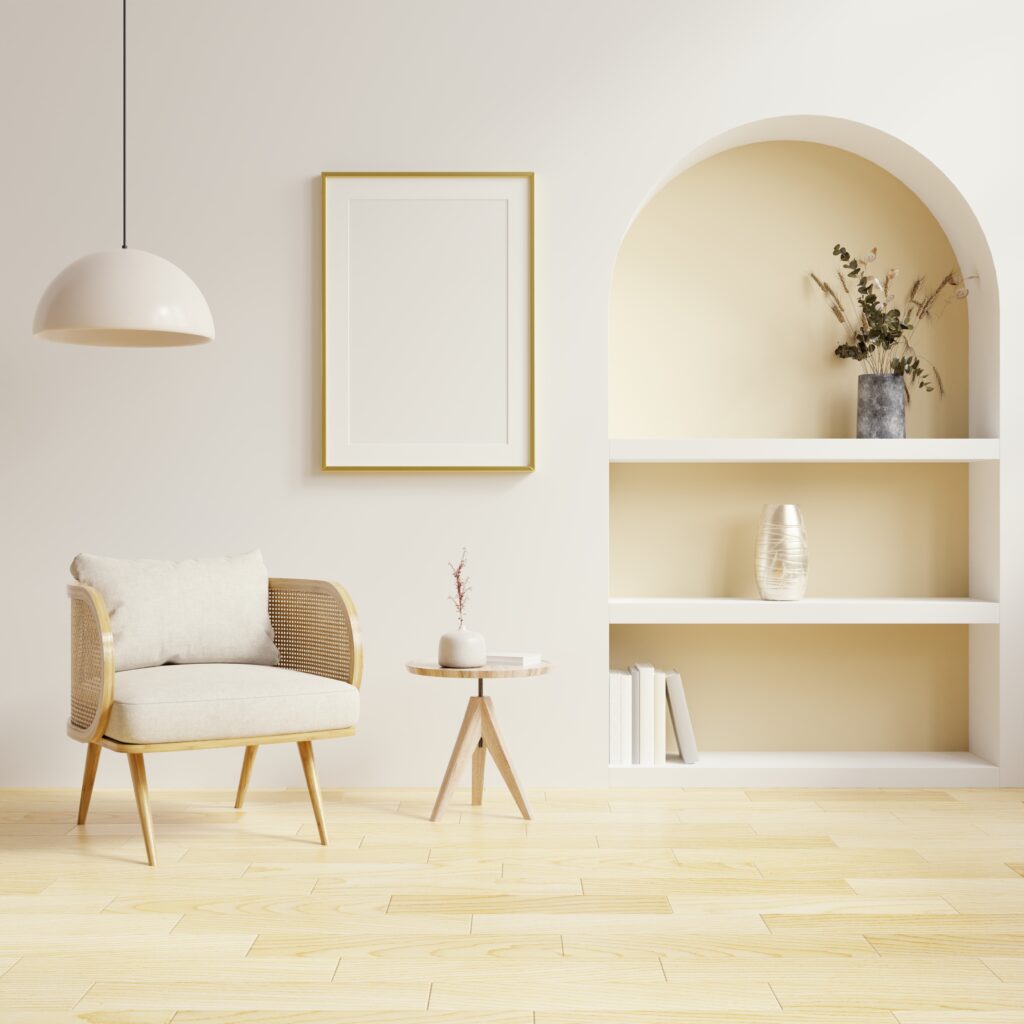 About mockup frames in living room interior with chair and decor,scandinavian style.