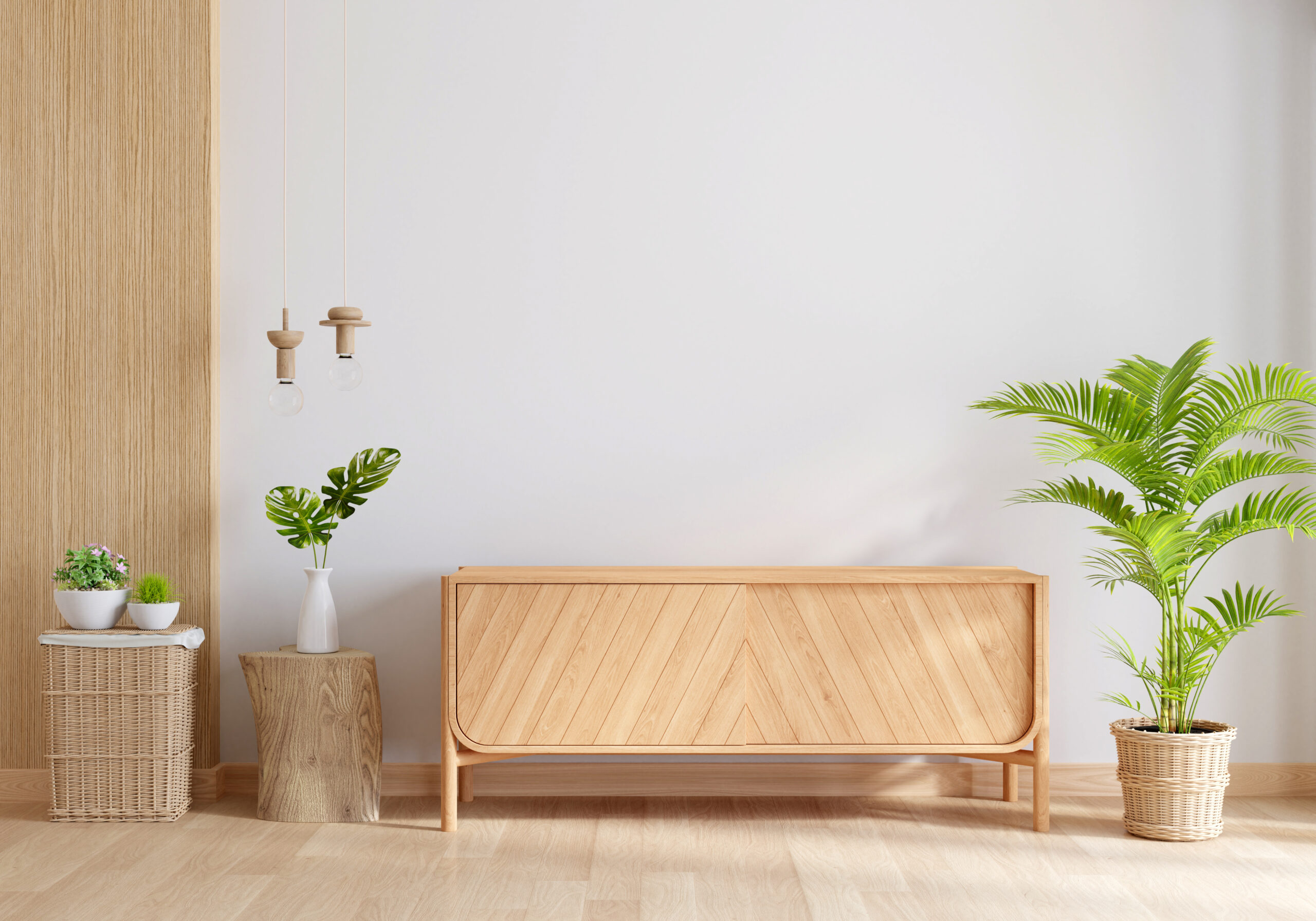 About wood sideboard in living room interior with copy space, 3d rende